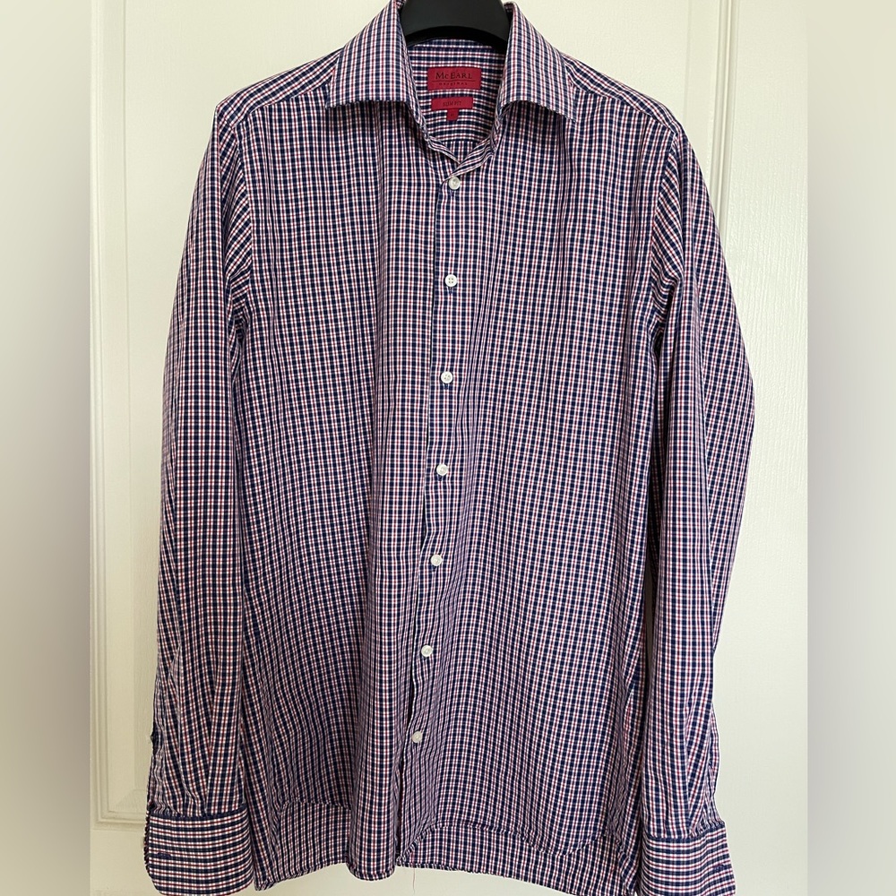 McEarl Men’s Shirt. Long Sleeve Button Up Size M. Stretch. Red Blue White